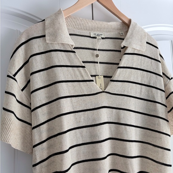 Max Studio Sweater Womens Large Ivory Black Striped Linen Blend Short Sleeve Top - Picture 2 of 10